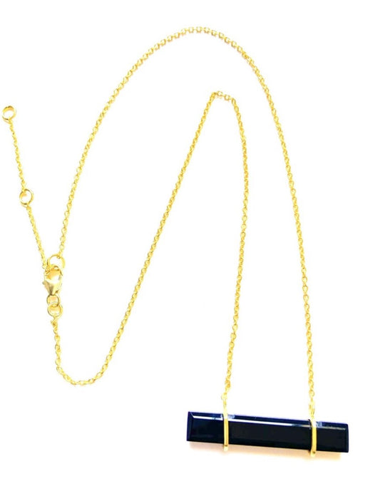 Black Onyx Bar Pendant Gold Necklace 18”