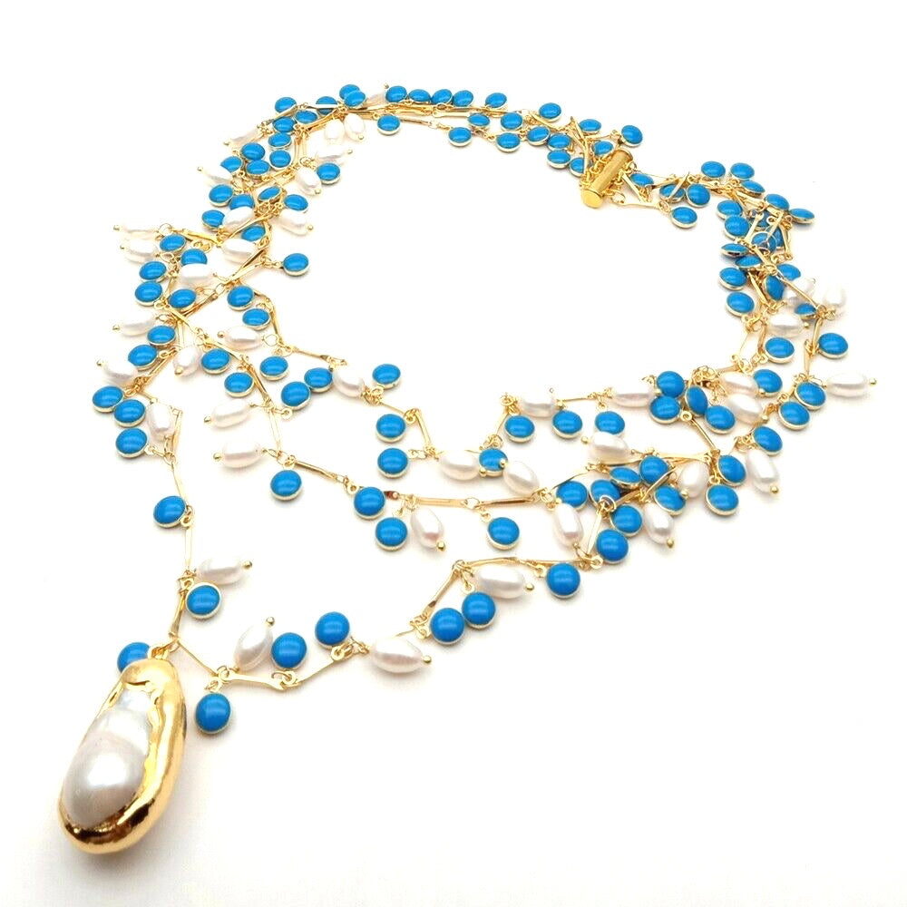 Feminine Blue Enamel & Freshwater Baroque Pearl Pendant Gold Statement Necklace