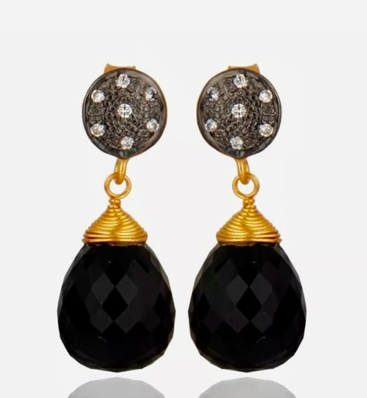Elegant Black Onyx and Rhodium Gemstone Gold Dangle Earrings 1.5