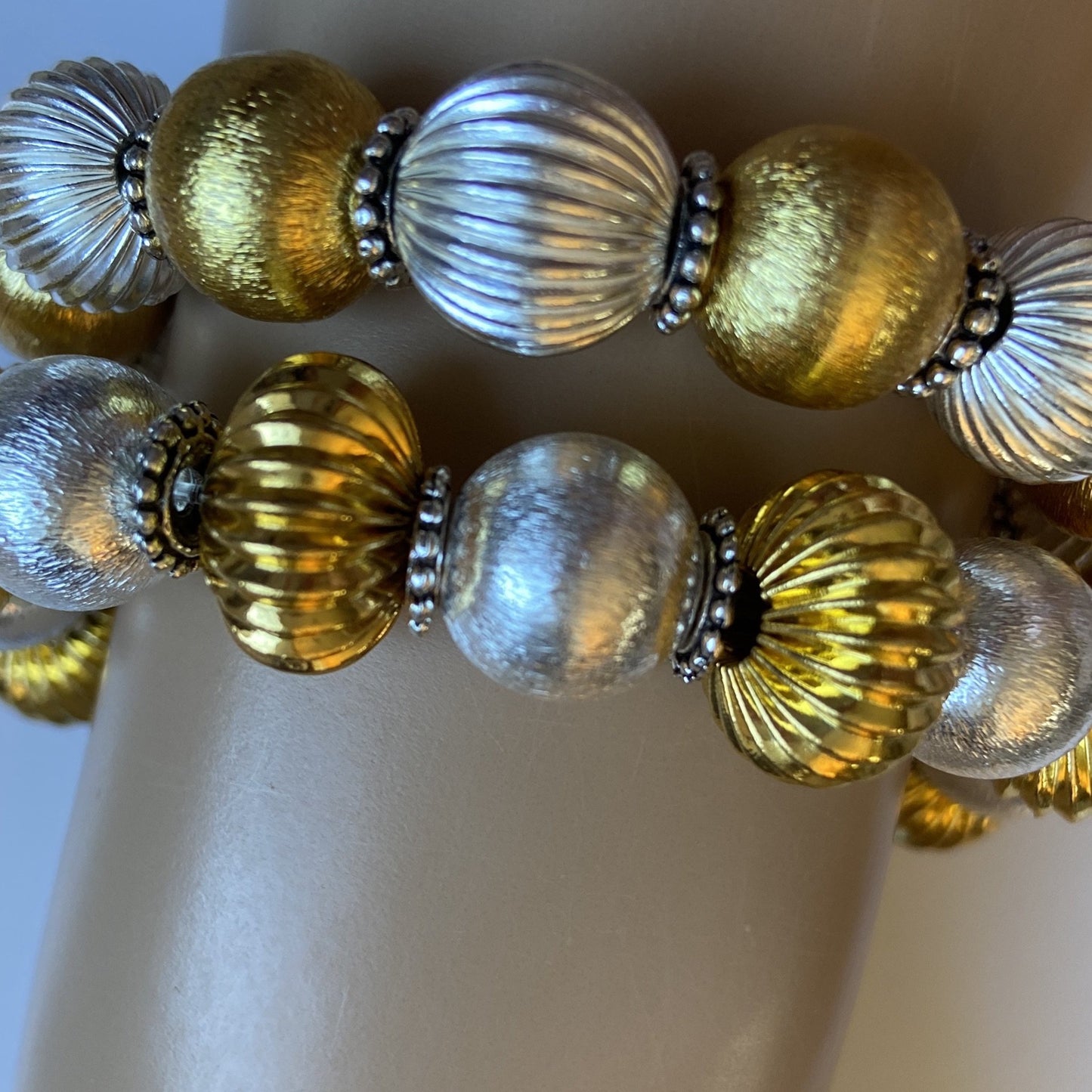 Silver Ribbed (Corrugated) Beads with Brushed Gold Vermeil Beaded Bracelet