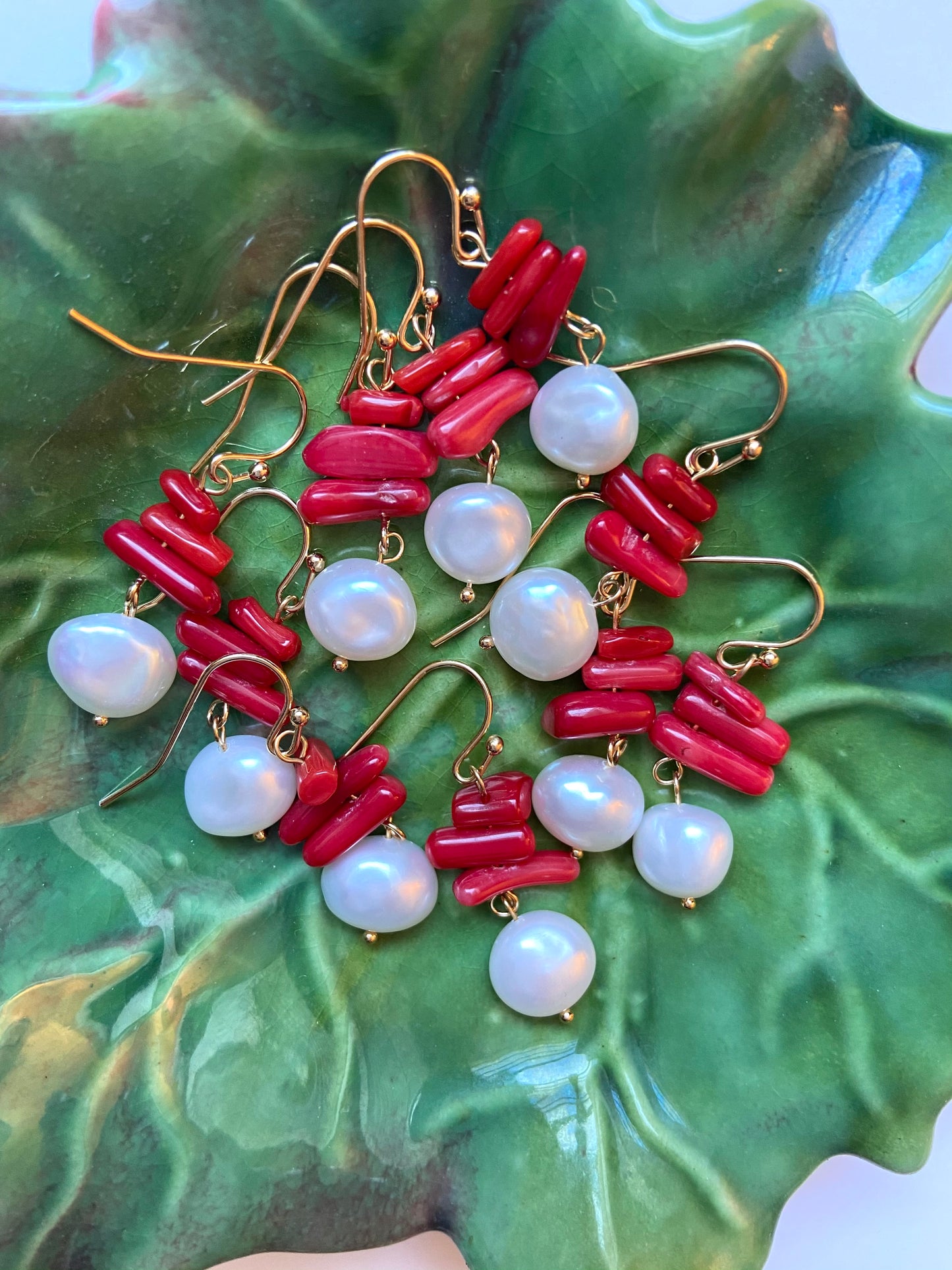 Irregular Sapling-Shaped Coral Baroque Pearl Drop Earrings