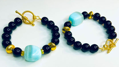 Gorgeous Vibrant Blue Opal and Black Onyx Gemstones with Brushed Gold Vermeil Statement Bracelet