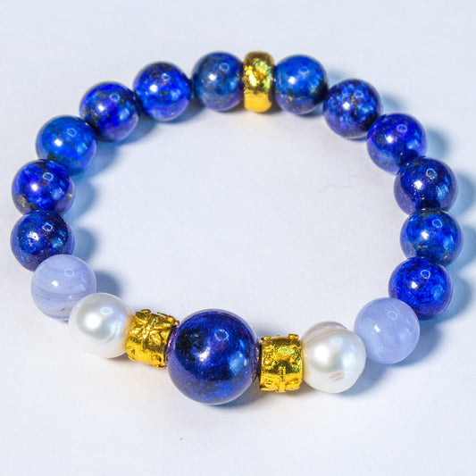 Lapis Lazuli, Pearls and Blue Lace Gemstones Gold Bali  Beaded Bracelet