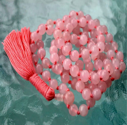 Pink Quartz Double Knotted Gemstone Silk Tassel 54" Necklace