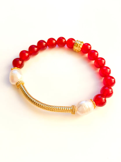 Dainty Red Aventurine and Pearl Gemstone Bracelet with Gold Bali Tube Bead