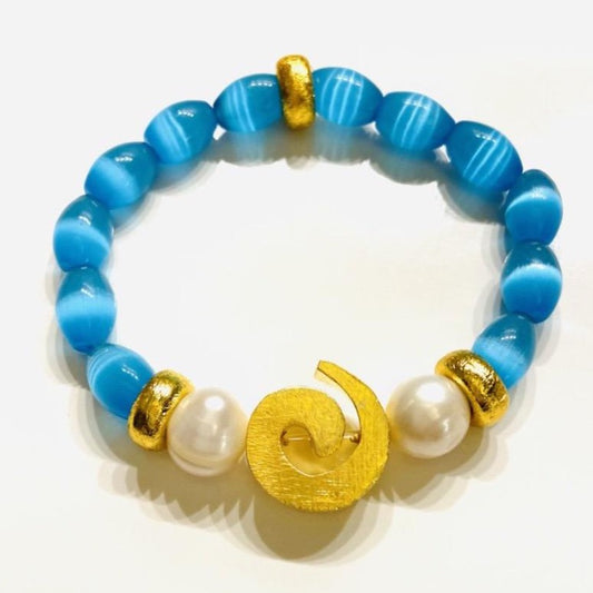 Vibrant Sky Blue Mexican Fire Opals, Freshwater Baroque Pearls and 18k Brushed Gold Vermeil Beaded Bracelet