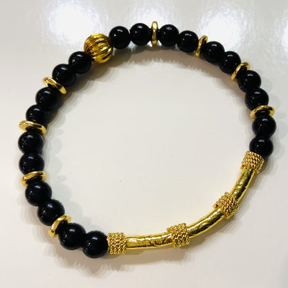 Dainty Black Onyx & Gold Vermeil Bali Tube Beaded Bracelet