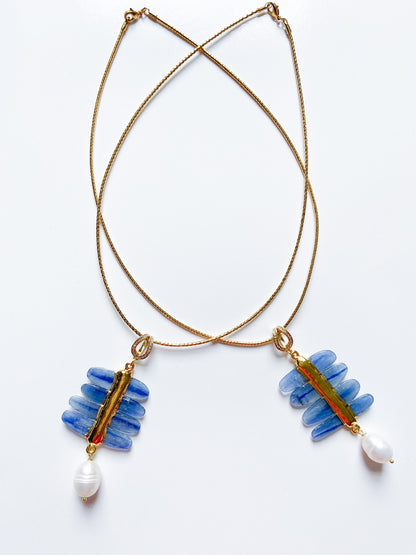 Lovely Blue Kyanite Gemstone Pendant Necklace with Gold Vermeil and a Pearl Drop