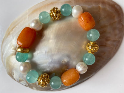 Lovely Orange Carnelian, Baroque Pearls and Light Aquamarine Gemstones Bracelet with 18k Gold Vermeil