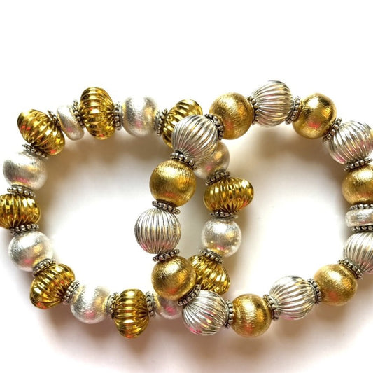 Silver Ribbed (Corrugated) Beads with Brushed Gold Vermeil Beaded Bracelet