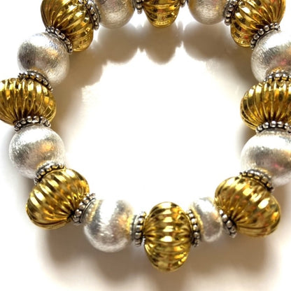 Silver Ribbed (Corrugated) Beads with Brushed Gold Vermeil Beaded Bracelet