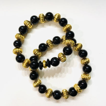 Classic Black Onyx Gemstones and 18k Gold Beaded Bracelets