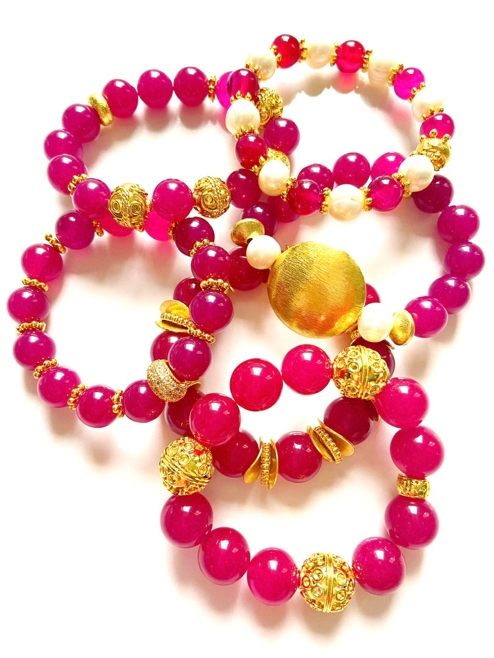 Pretty Rose Red Ruby with Freshwater Baroque Pearls and Gold Vermeil Beaded Bracelet