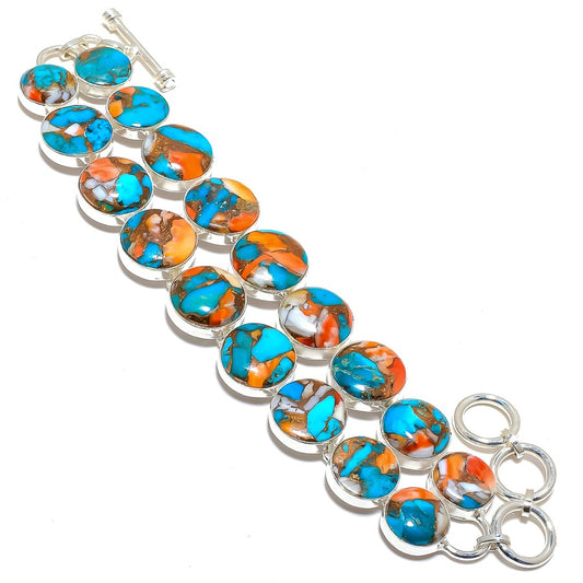 Mosaic Pattern Spiny Oyster Copper Blue Turquoise Gemstone Sterling Silver Bracelet