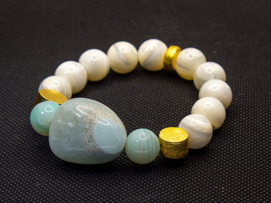 Green Aventurine Tumbled Stone and Mother of Pearl Brushed Gold Vermeil Bracelet
