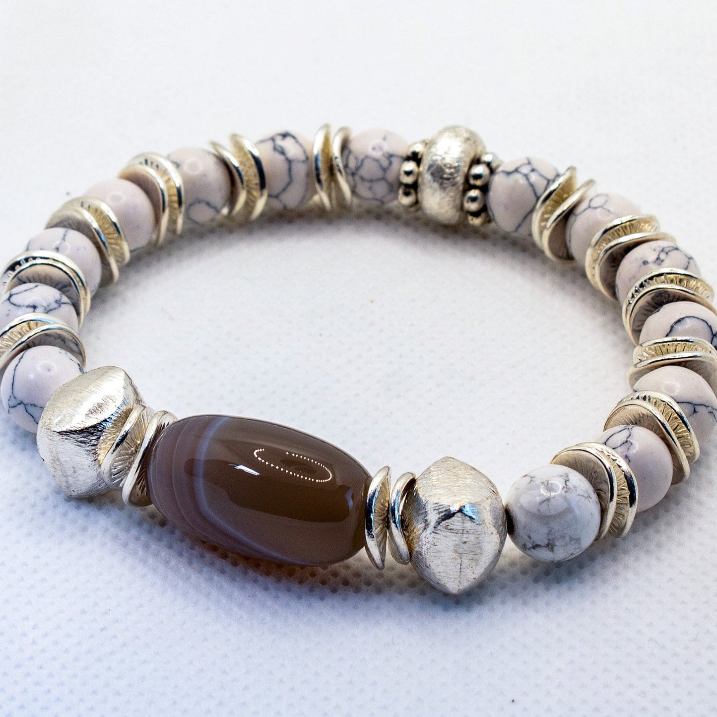 Gray-Striped Agate and White Howlite Beaded Bracelet with Silver Accents
