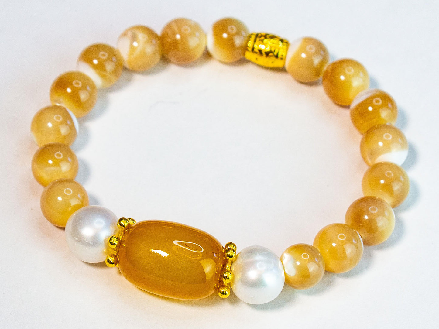 Creamy Mother of Pearl, Pearl and Yellow Onyx Gemstone Necklace and Bracelet Set