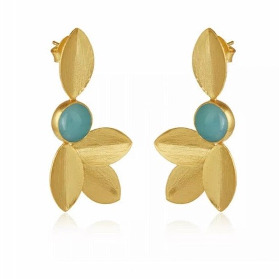 Gorgeous Aquamarine Gemstone Leaf Design 22k Brushed Gold Vermeil Statement Earrings