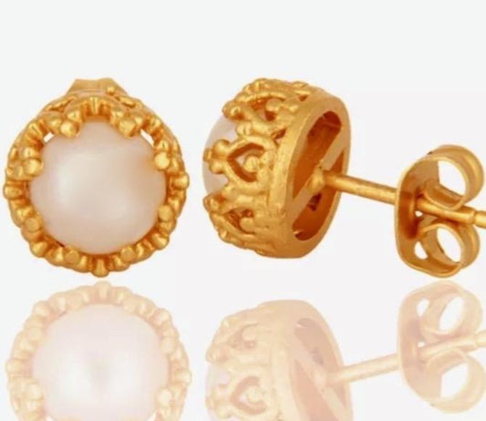 Crown Design Gold Pearl Stud Earrings