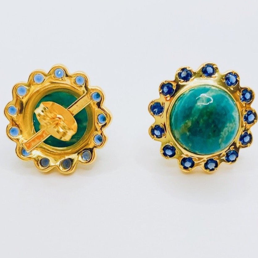 Green Amazonite and Blue Zircon Gemstone Gold Stud Earrings