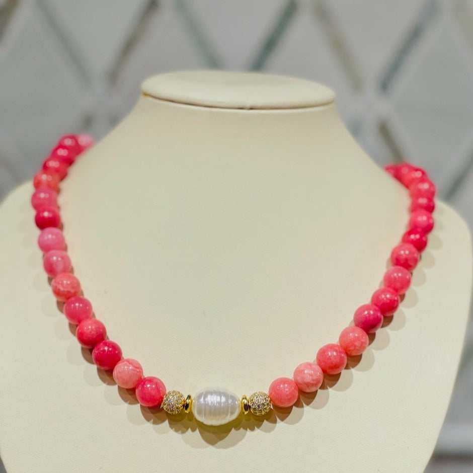 Classic Pink Rhodochrosite and Freshwater Pearl Gold Pave Statement Necklace 18"