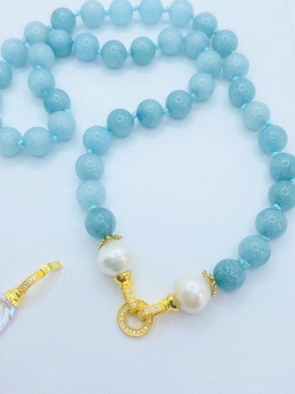 Detachable Keshi Pearl Drop and Blue Amazonite Gemstone Double-Knotted Statement Necklace 18"