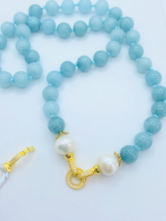 Detachable Keshi Pearl Drop and Blue Amazonite Gemstone Double-Knotted Statement Necklace 18