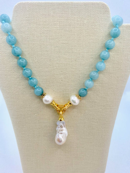 Detachable Keshi Pearl Drop and Blue Amazonite Gemstone Double-Knotted Statement Necklace 18