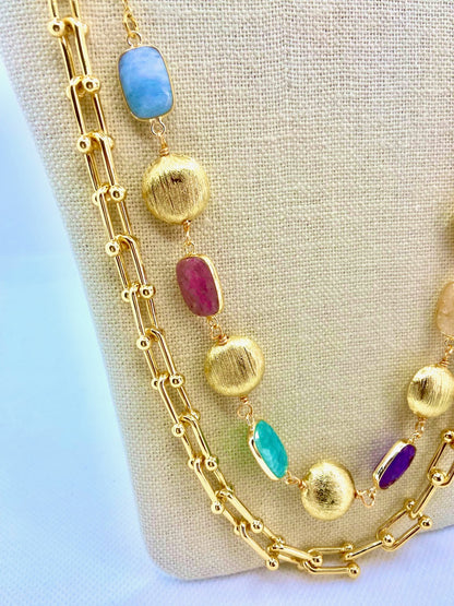 Multi-Colored Gemstone Double-Strand Chunky Gold Chain Necklace 21"