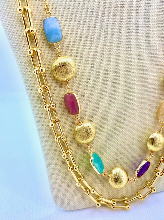 Multi-Colored Gemstone Double-Strand Chunky Gold Chain Necklace 21