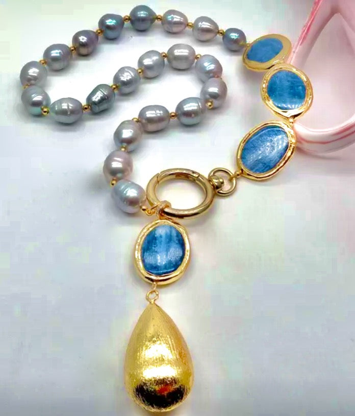 Blue Kyanite and Gray Pearl Gemstone Brushed Gold Vermeil Statement Necklace 18"