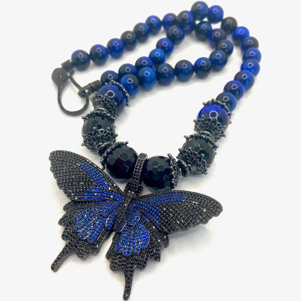 Stunning Blue Hawk's Eye Gemstone Pave Butterfly Pendant Necklace 20"