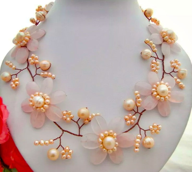"Pretty in Pink" Rose Quartz and Freshwater Pearl Flower Statement Necklace