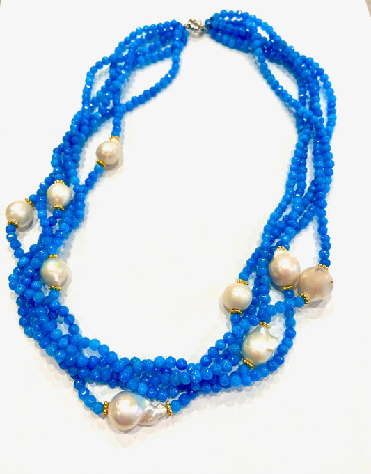 Blue Apatite Gemstones and Freshwater Pearls 5-Strand Statement Necklace 20