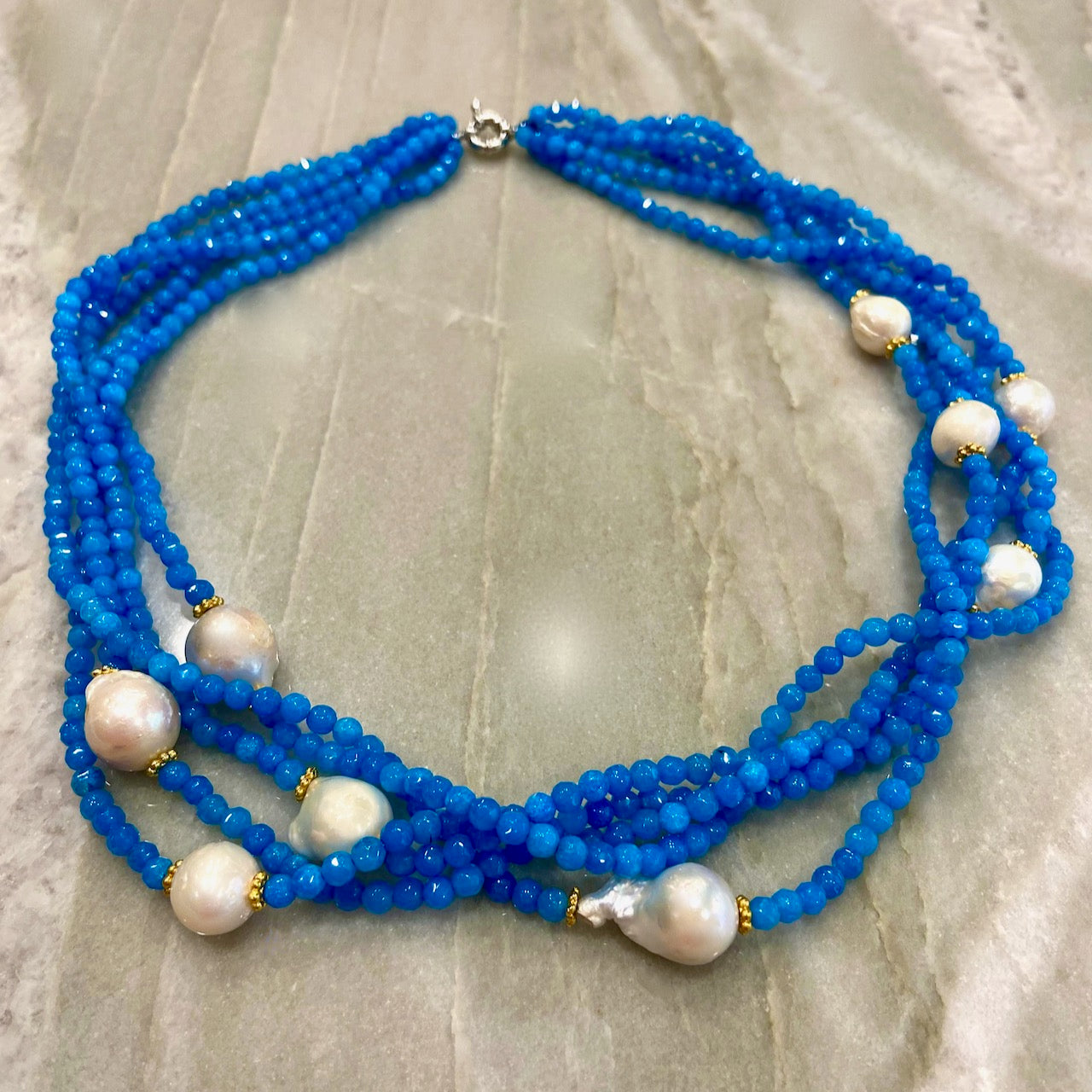 Blue Apatite Gemstones and Freshwater Pearls 5-Strand Statement Necklace 20"