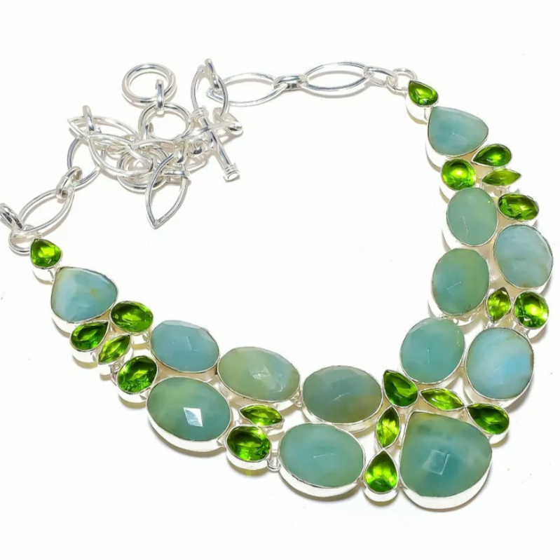 Aquamarine and Green Peridot Gemstones Sterling Silver Statement Necklace