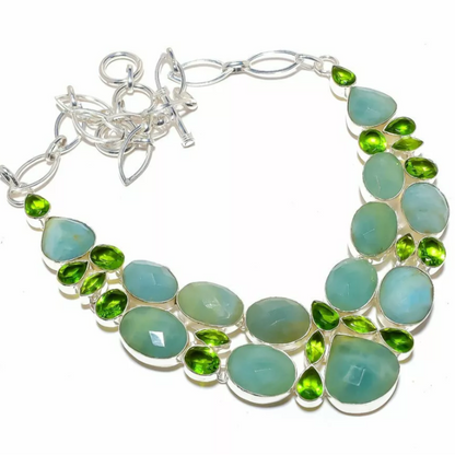 Green Aquamarine & Peridot Gemstones Sterling Silver Statement Necklace