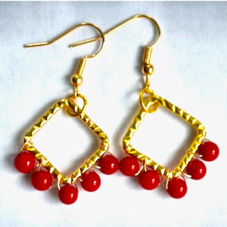Red Coral Gold Wire-Wrapped Dangle Earrings