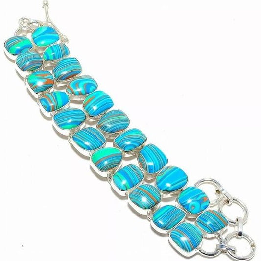 Blue-Striped, Rainbow Calsilica Turquoise Gemstone Sterling Silver Bracelet