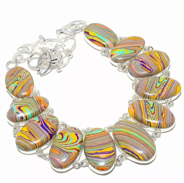 Rainbow Calsilica (Earthtones) Gemstones Sterling Silver Statement Necklace