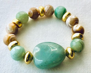Green Aventurine Tumbled Stone and Mother of Pearl Gold Vermeil 6.75" Bracelet