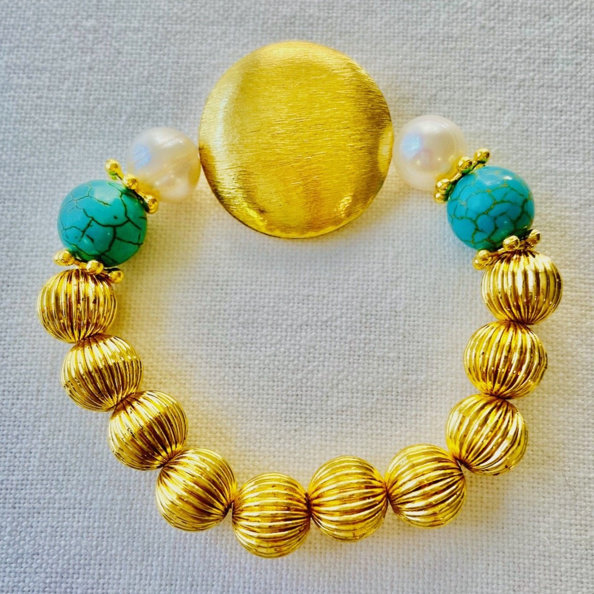 Blue Turquoise,  Baroque Pearls and 18k Gold Vermeil Bali Beaded Bracelet