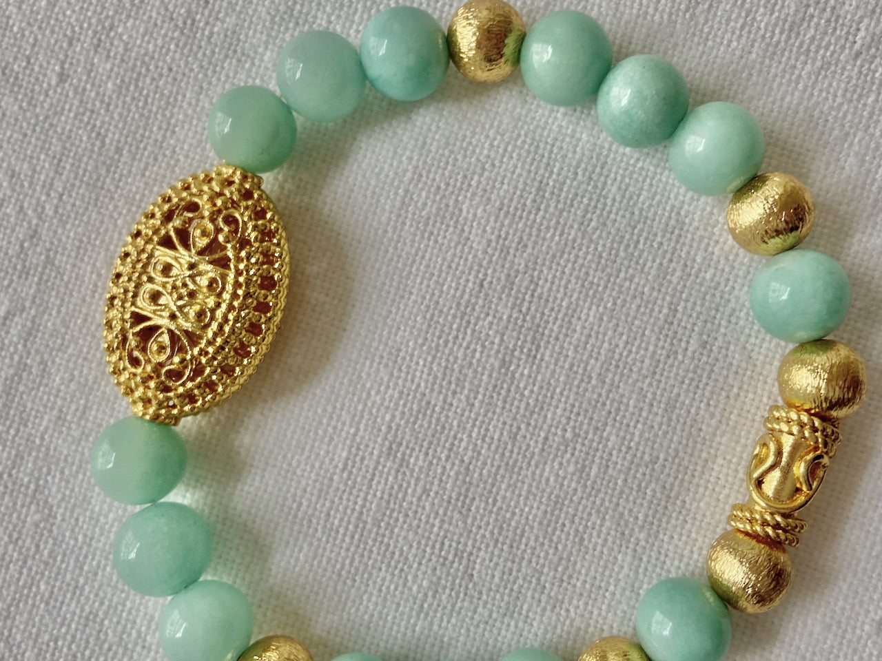 Green "Burma" Jade (Light Green) Gemstone with an 18k Gold Filigree Beaded Bracelet
