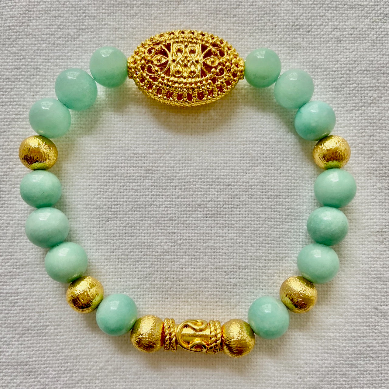 Green "Burma" Jade (Light Green) Gemstone with an 18k Gold Filigree Beaded Bracelet
