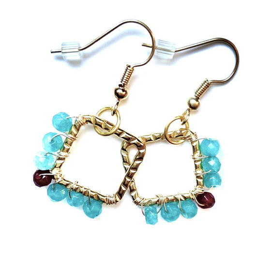 Aquamarine and Garnet Gemstone Wire Wrapped Dangle Earrings 1.75"