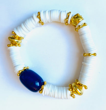 Sporty Blue Lapis, White Alabaster, White Polymer Beaded Bracelet Set