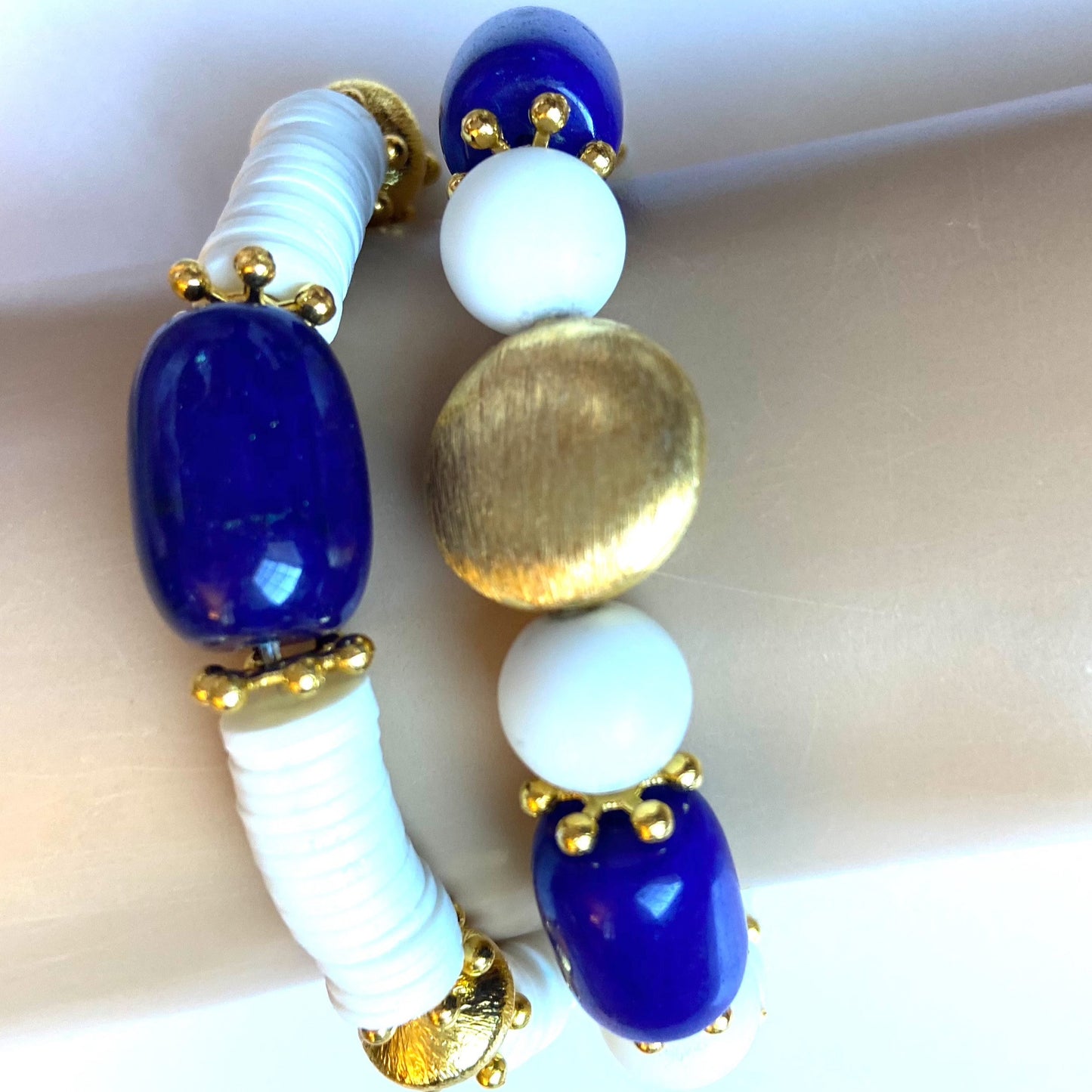 Sporty Blue Lapis, White Alabaster, White Polymer Beaded Bracelet Set
