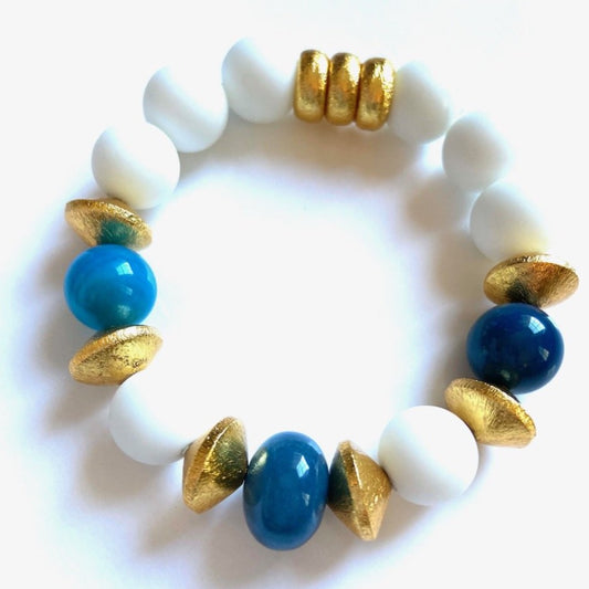Blue Apatite and Alabaster Gemstone Gold Vermeil Beaded Bracelet