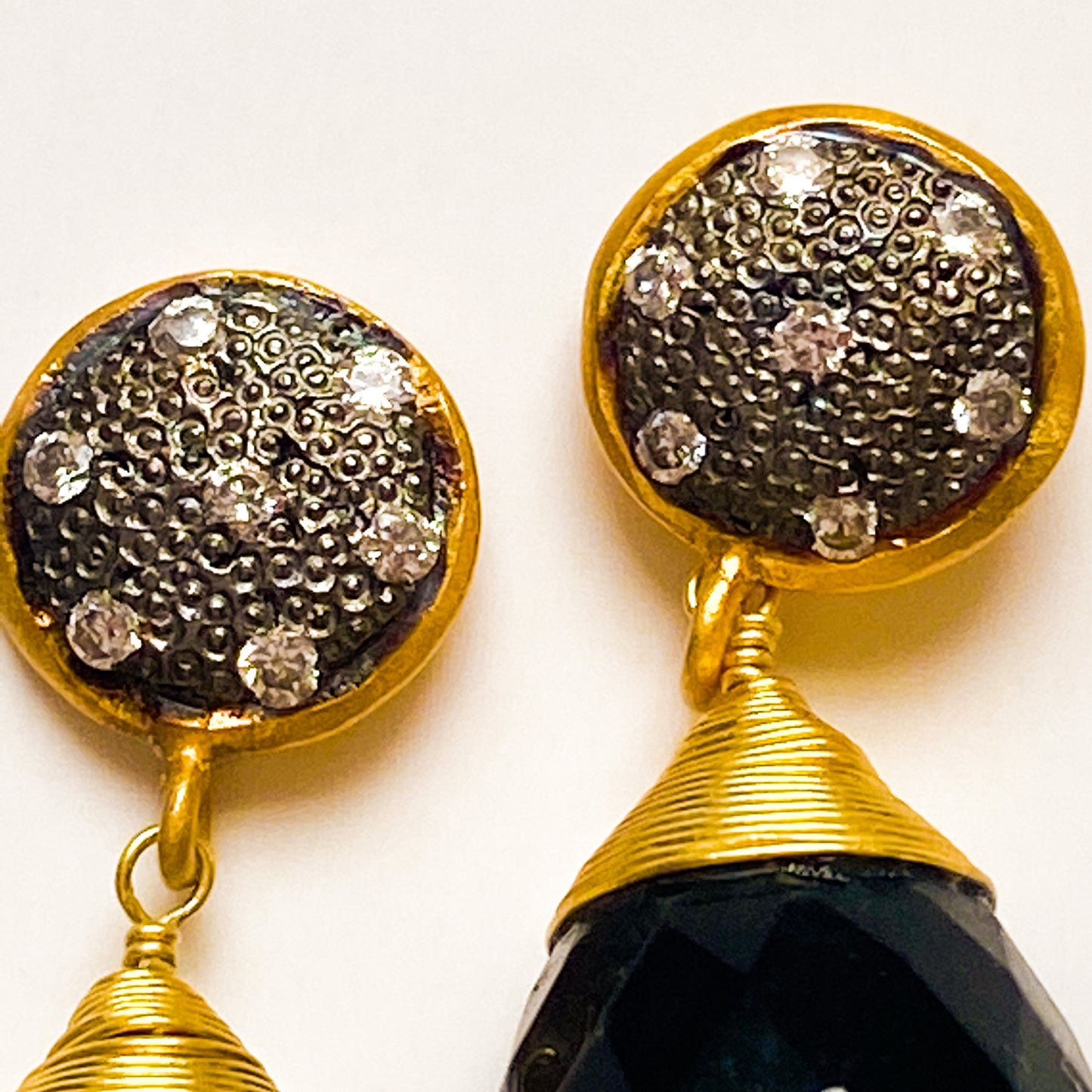 Elegant Black Onyx and Rhodium Gemstone Gold Dangle Earrings 1.5"
