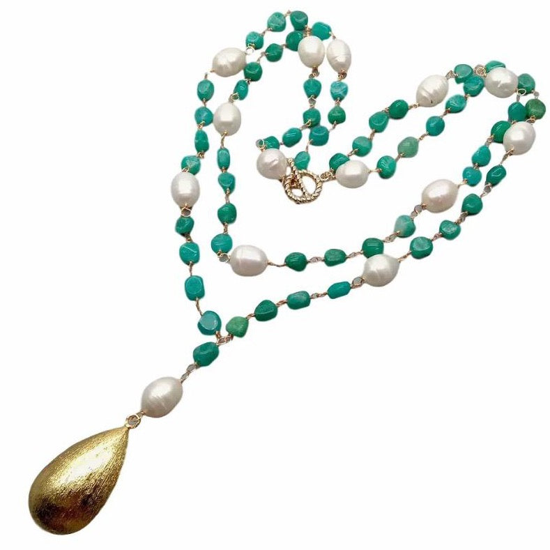 Vibrant Green Peruvian Amazonite and Pearl Statement Necklace with 18k Brushed Gold Vermeil Pendant